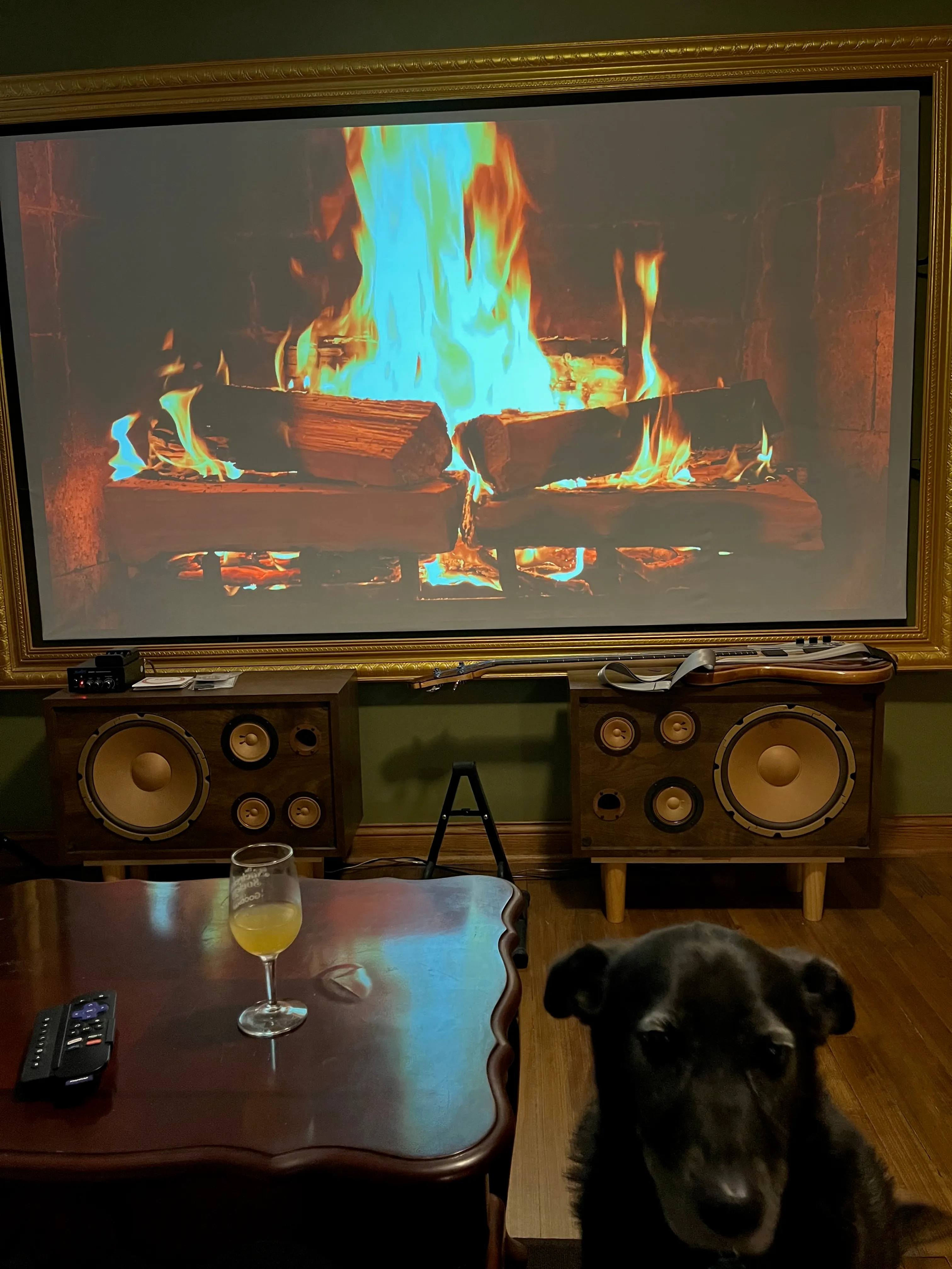 Home theater showing a yule log